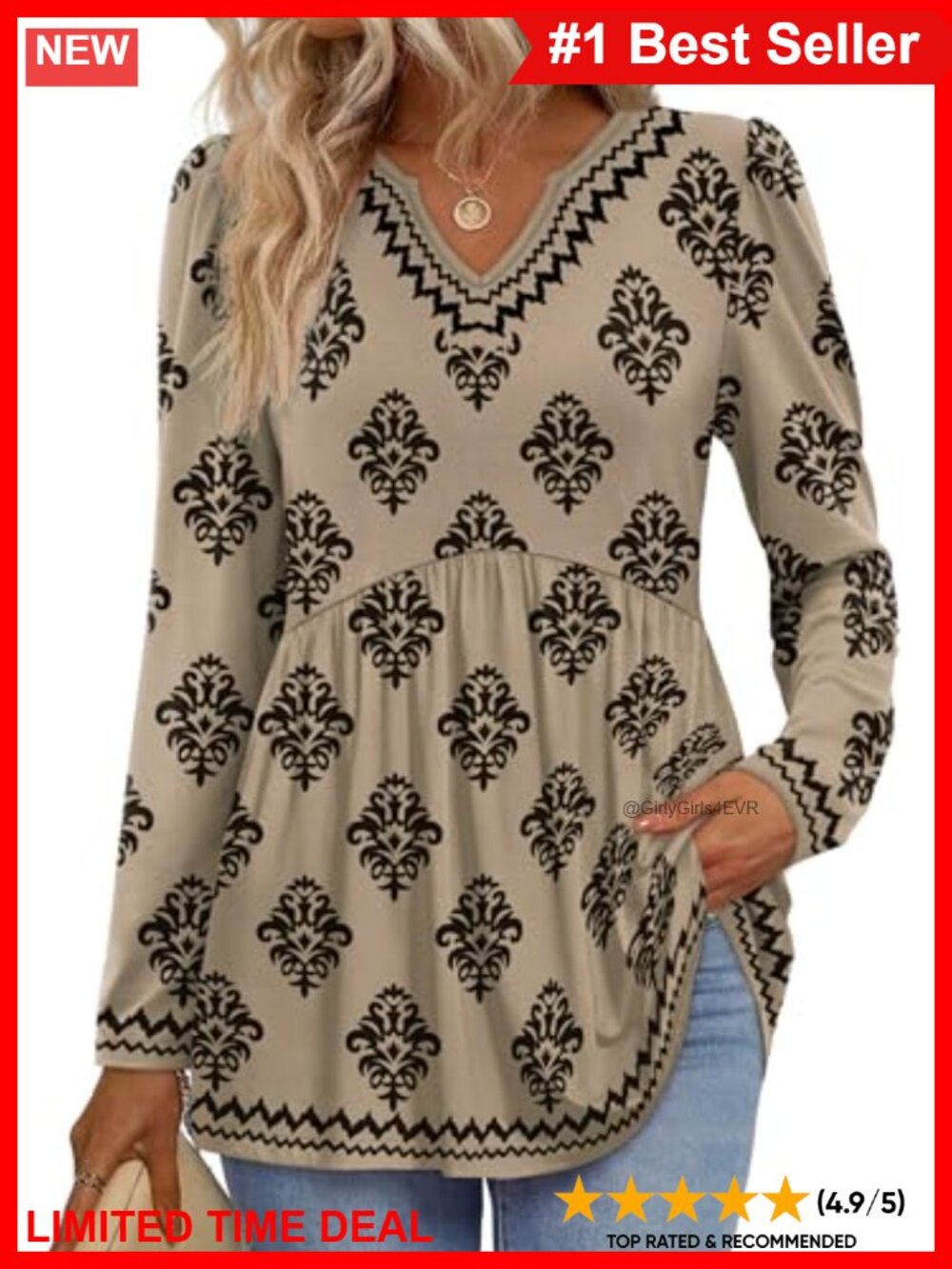 Womens Long Sleeve V Neck Babydoll Peplum Tunic Blouse Flowy Casual Top
